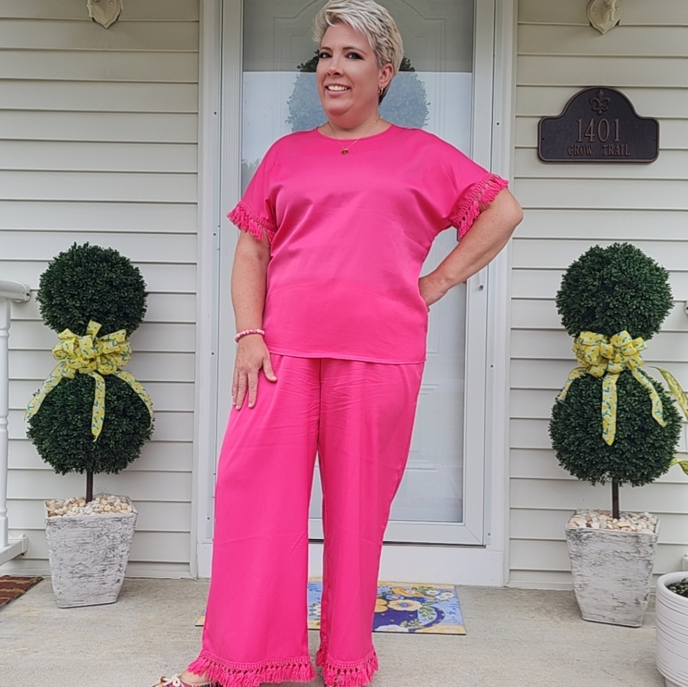 SHEIN Hot Pink Fringe Short Sleeve Top & Wide Leg Cropped Pants Set